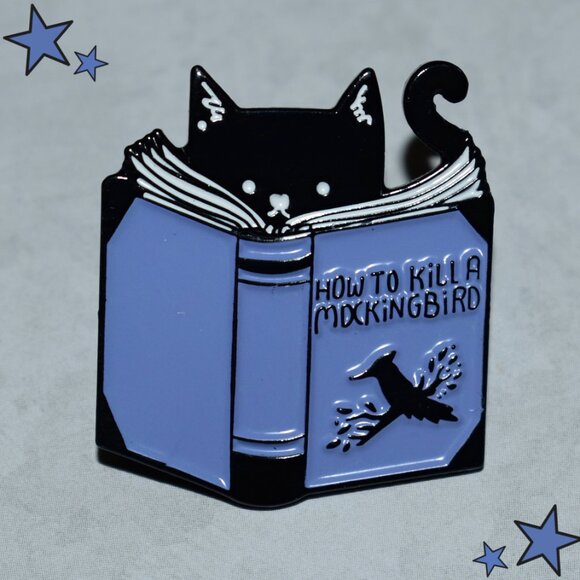 Jewelry - Cute Funny Black Cat Reading How To Kill A Mockingbird Book Enamel Pin